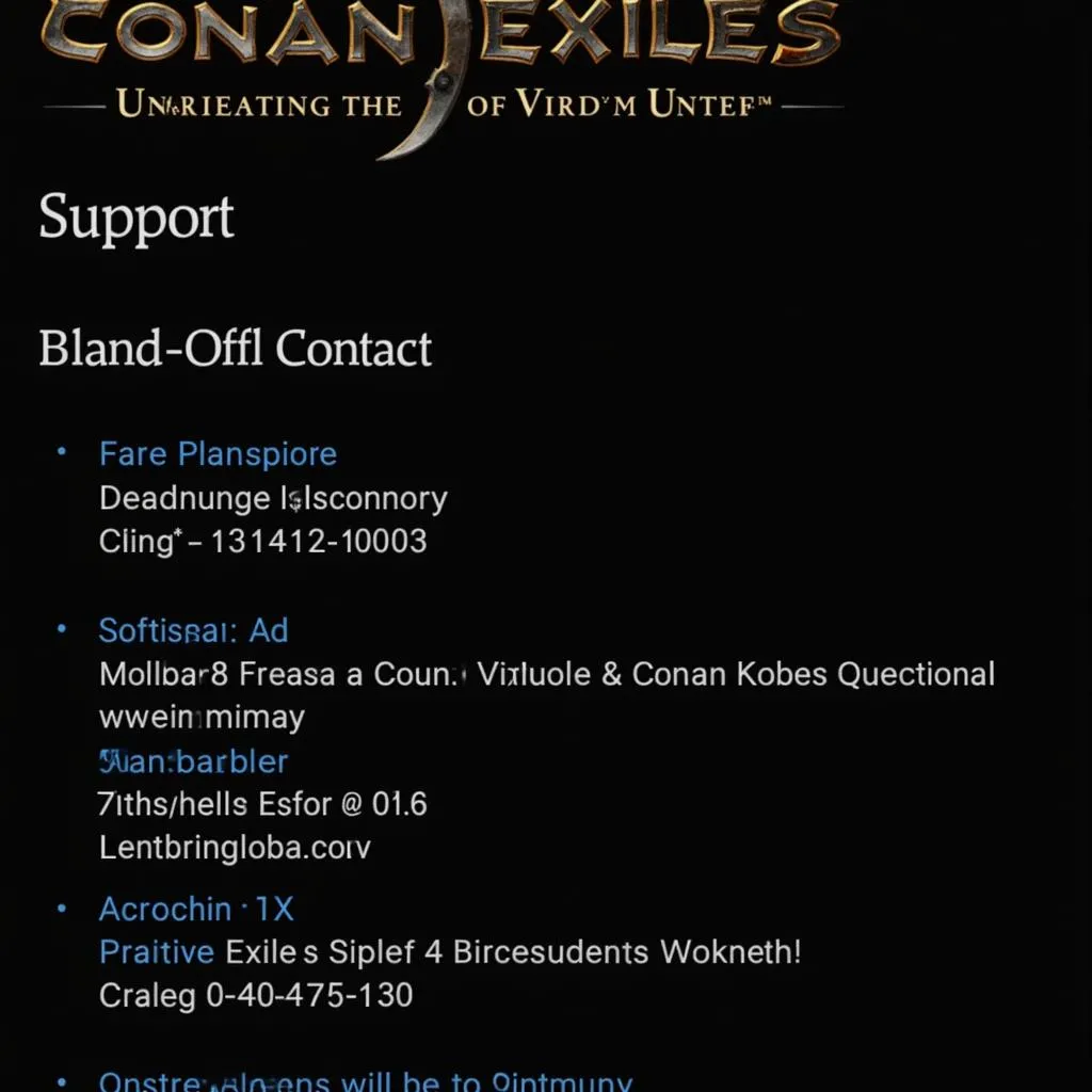 Page de contact du support technique de Conan Exiles