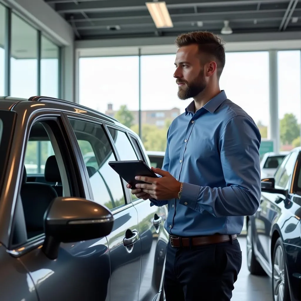 Concessionnaire examinant une voiture avant la reprise