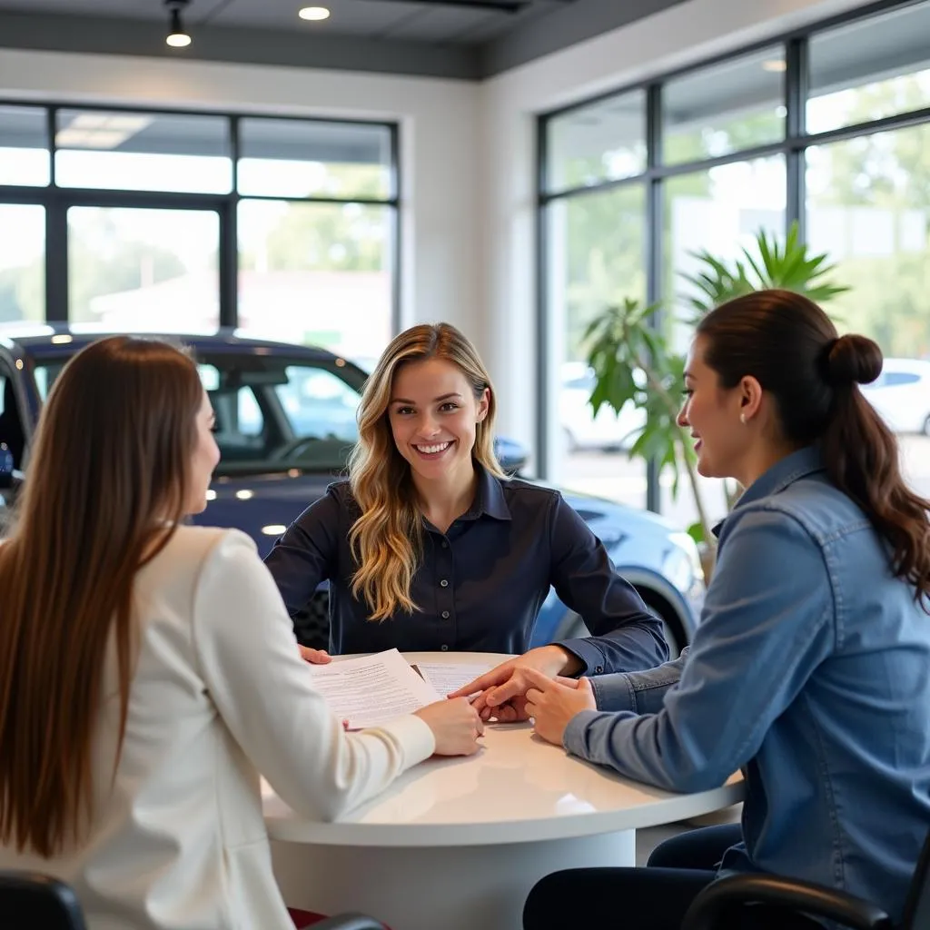 Un couple discute des options de leasing avec un représentant commercial chez un concessionnaire automobile