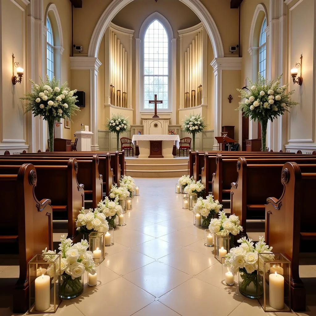 Décoration d'autel d'église pour un mariage chic avec des fleurs blanches et des bougies.