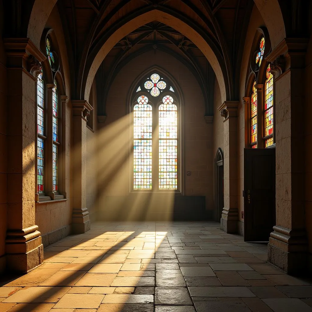 Intérieur d'une église ancienne avec des vitraux colorés