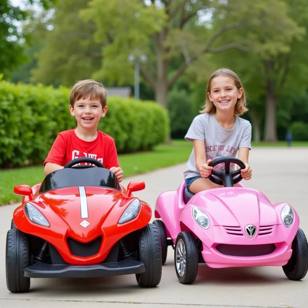 Enfants jouant avec des voitures à pédales