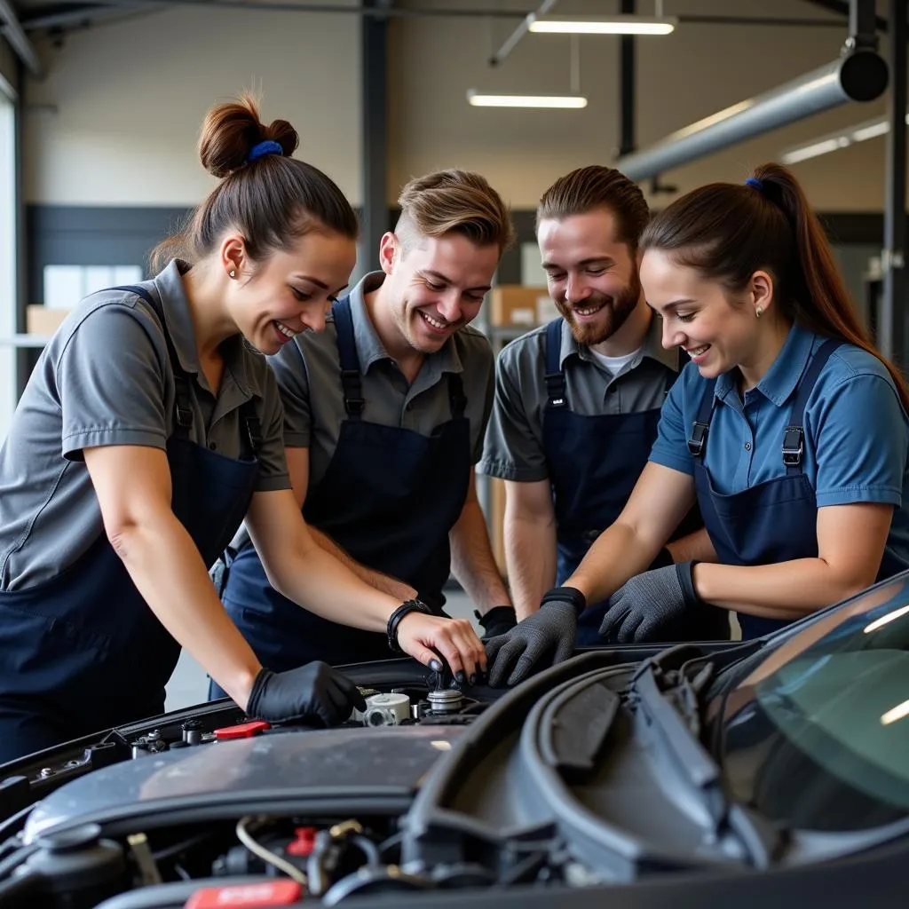 Équipe de mécaniciens diversifiée travaillant ensemble dans un garage