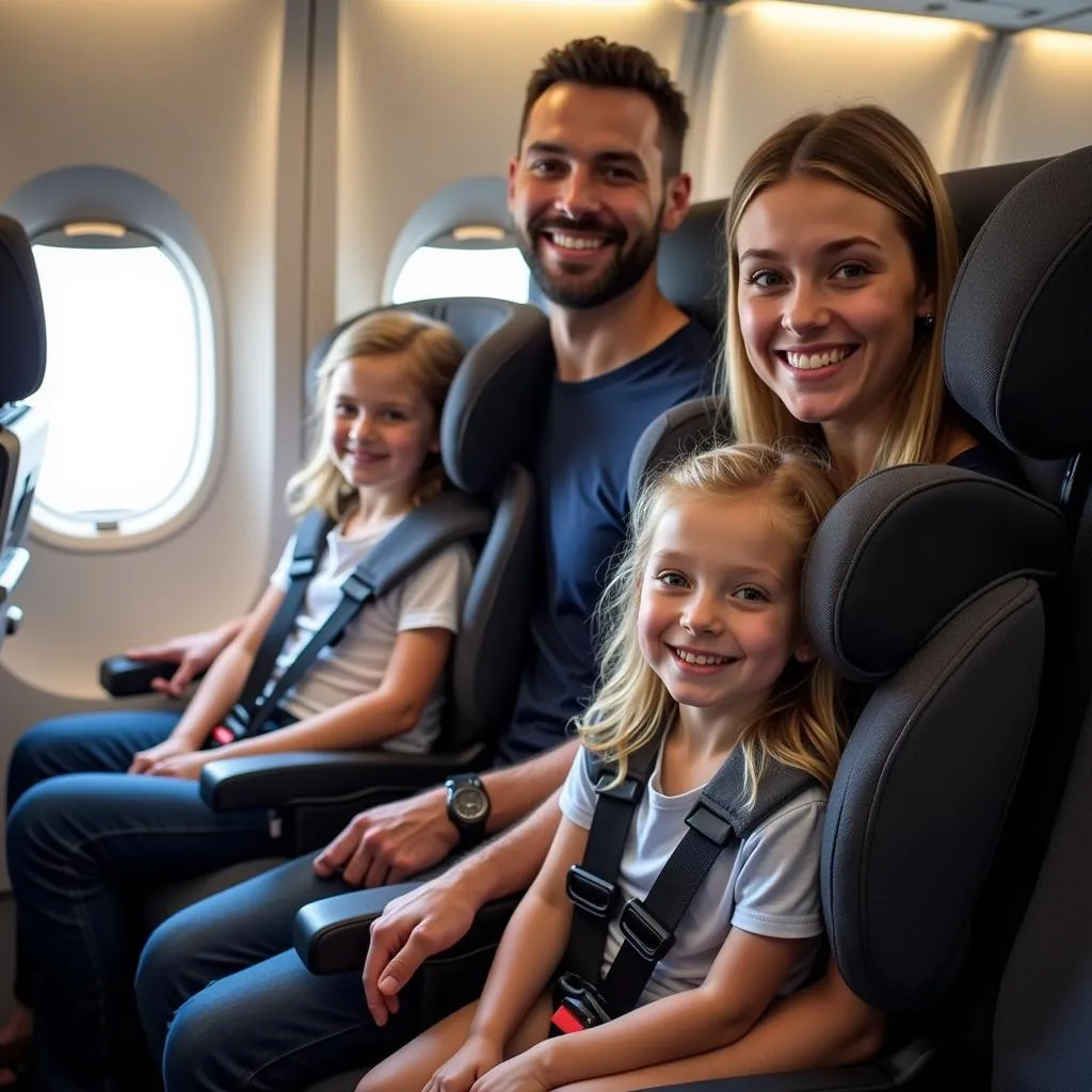 Famille heureuse voyageant en avion avec des sièges d'auto rehausseurs