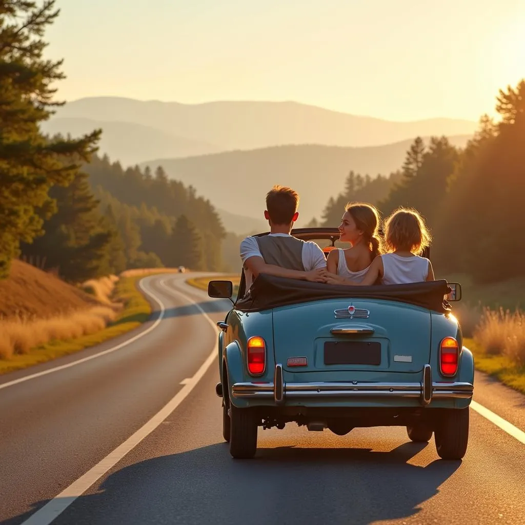 Une famille heureuse en voiture sur la route