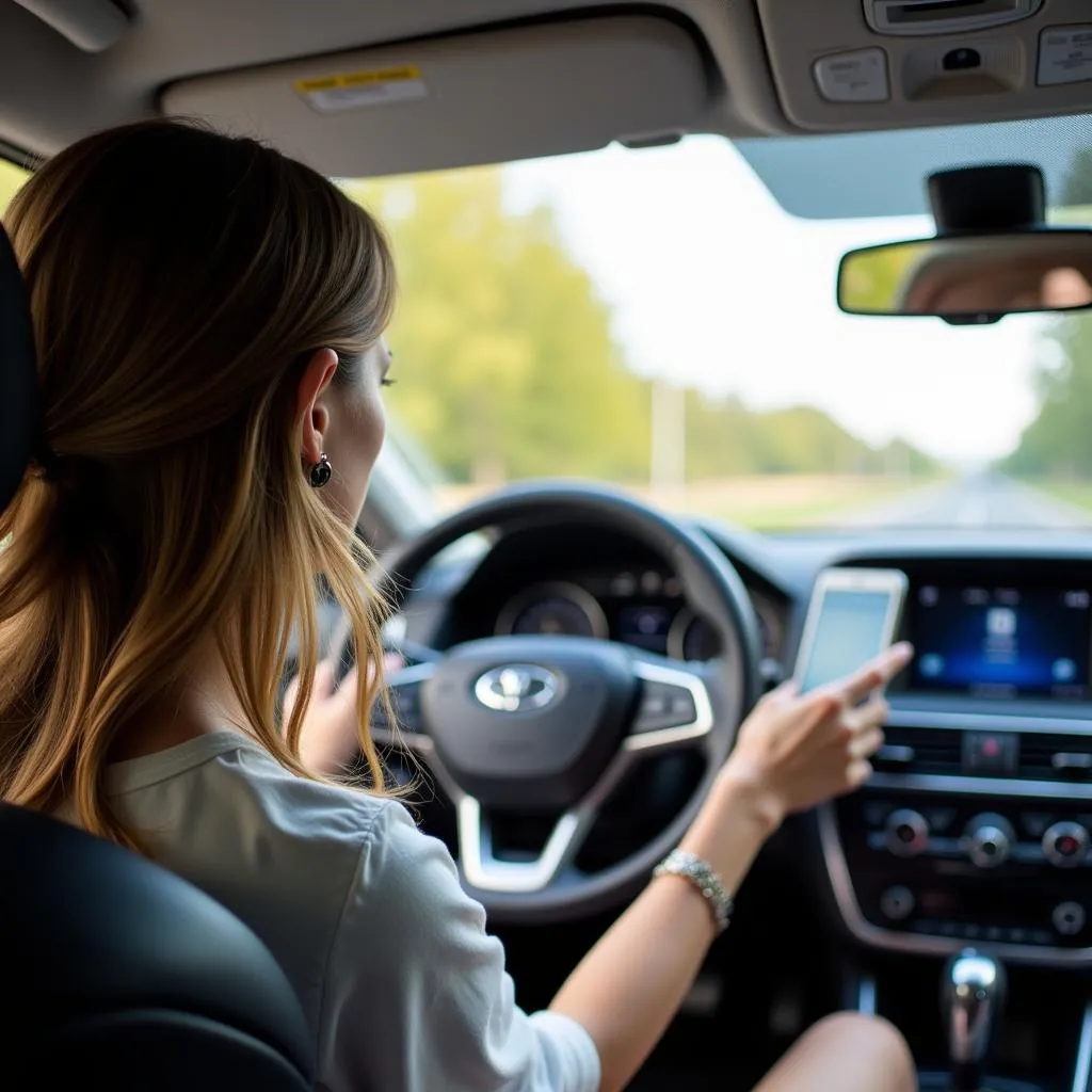 Femme conduisant une voiture et utilisant un autoradio Bluetooth