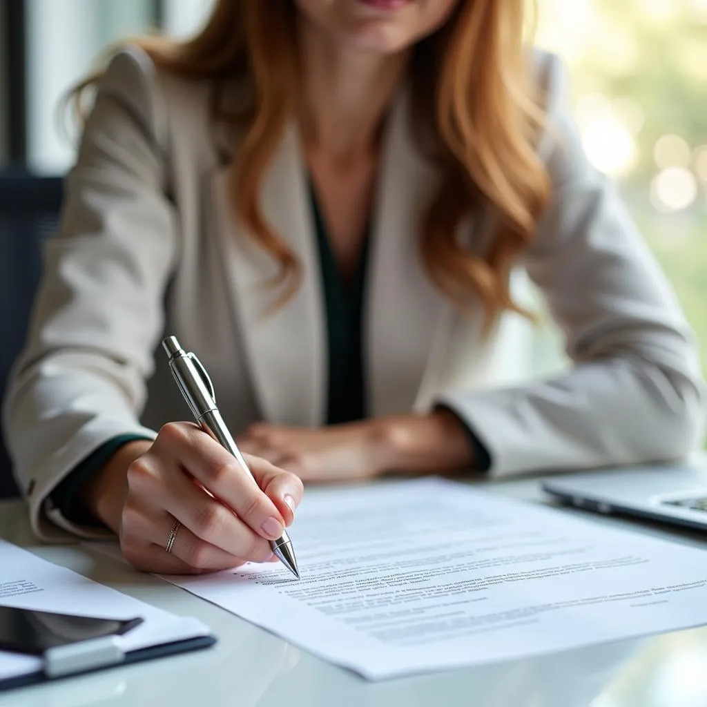 Une femme examine attentivement les termes d'un contrat de leasing automobile