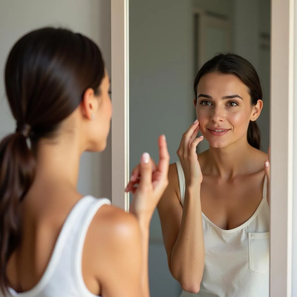 Une femme examine sa peau dans le miroir pour déterminer son type de peau.