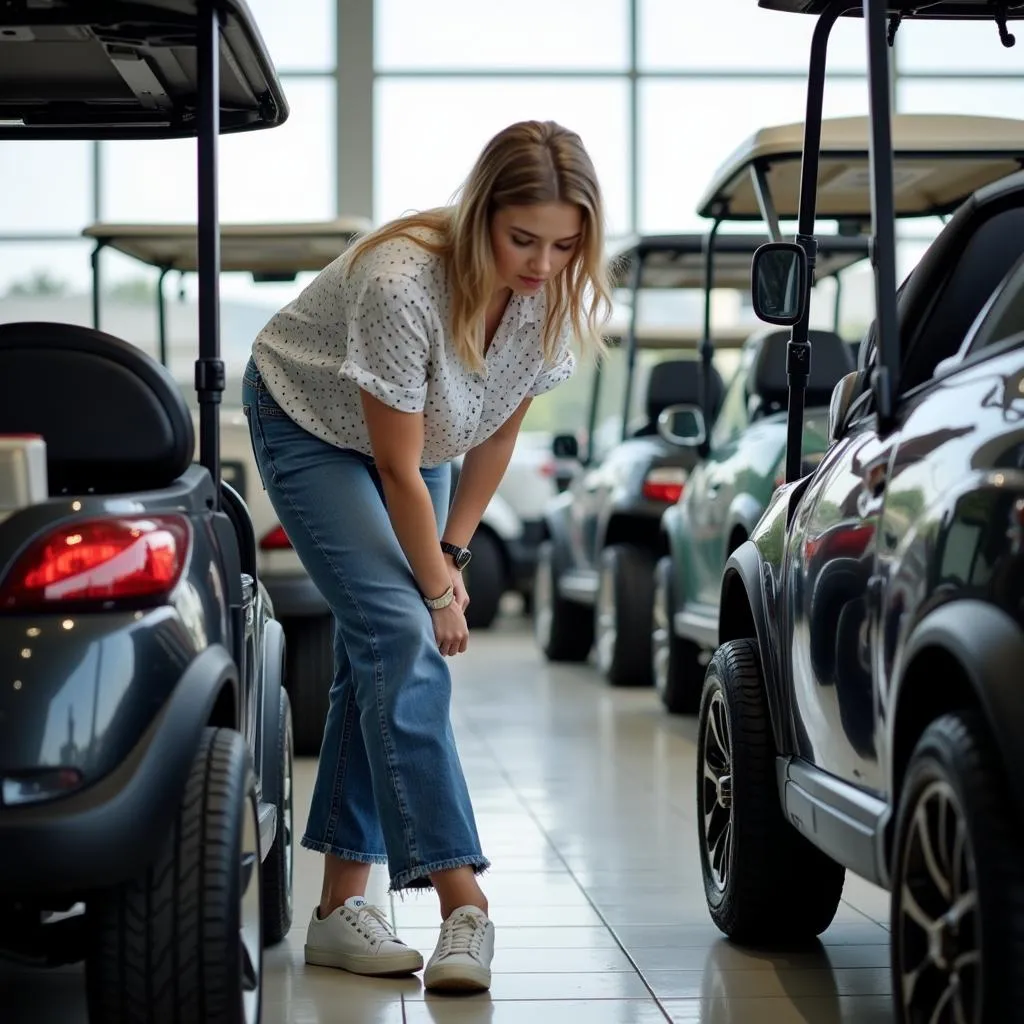 Femme examinant une voiturette de golf