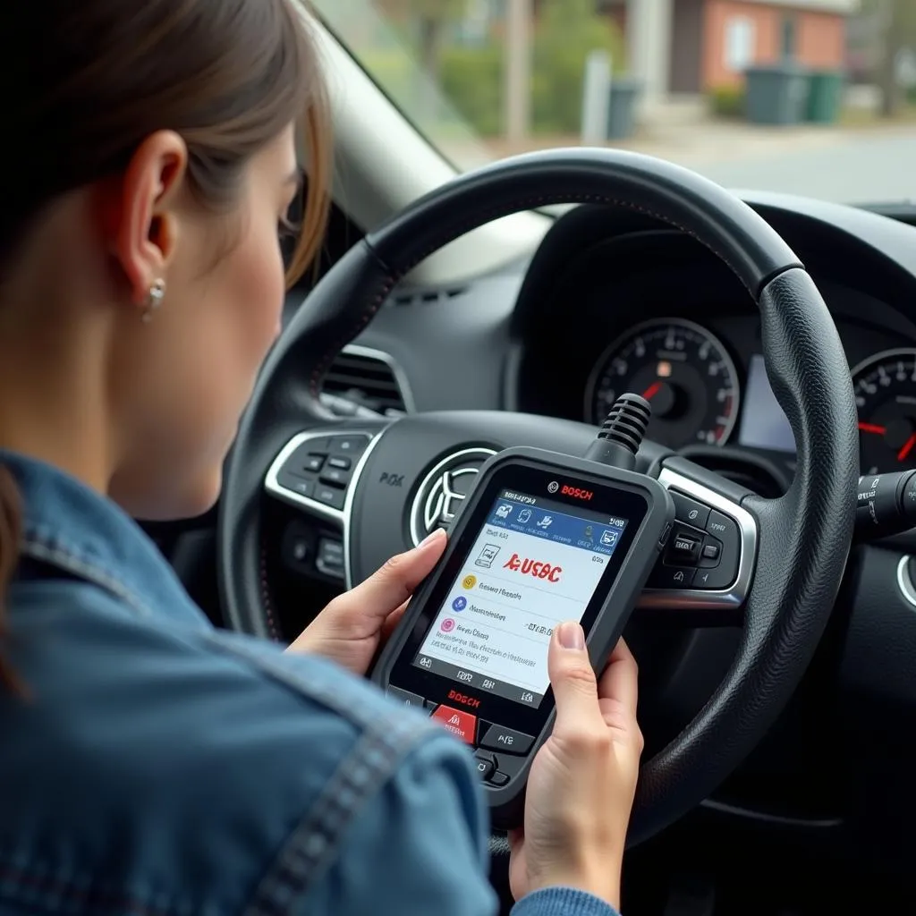 Une femme utilise un outil de diagnostic OBD 1200 Bosch