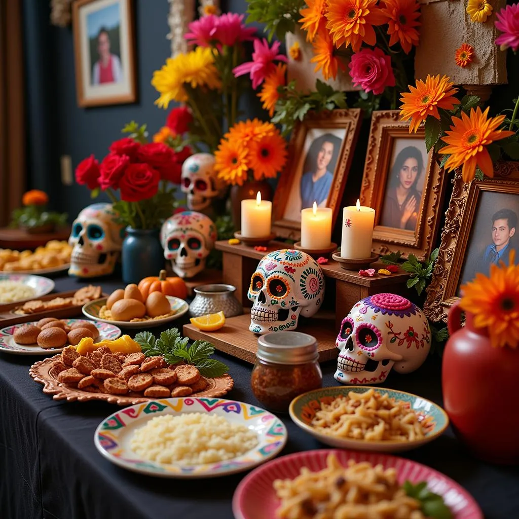 Autel familial décoré pour la Fête des Morts au Mexique