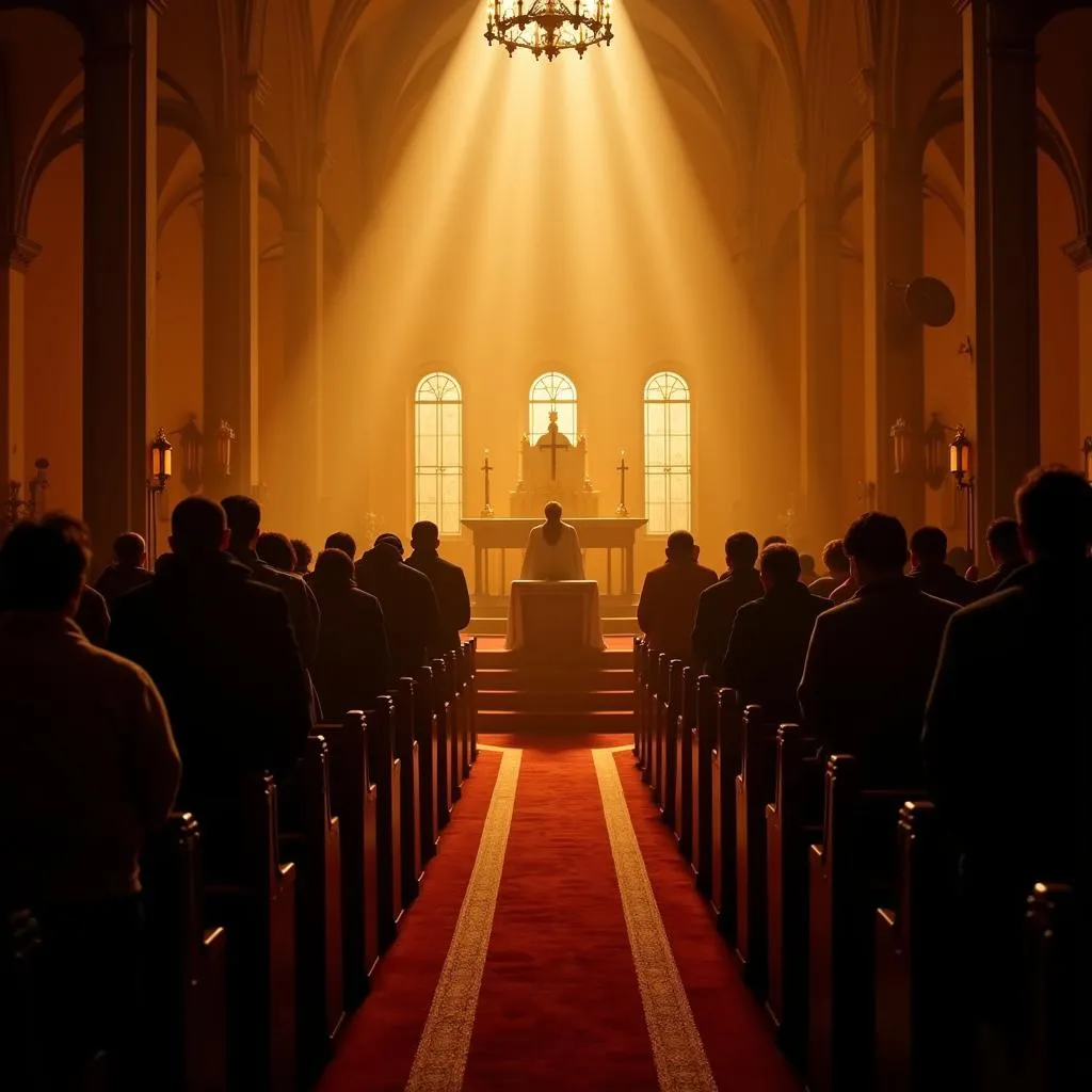 Fidèles priant devant un autel latéral dans une église