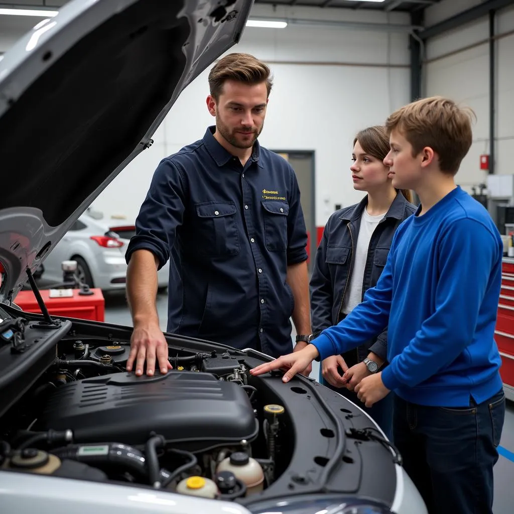 Formateur automobile expliquant le fonctionnement d'un moteur à des étudiants