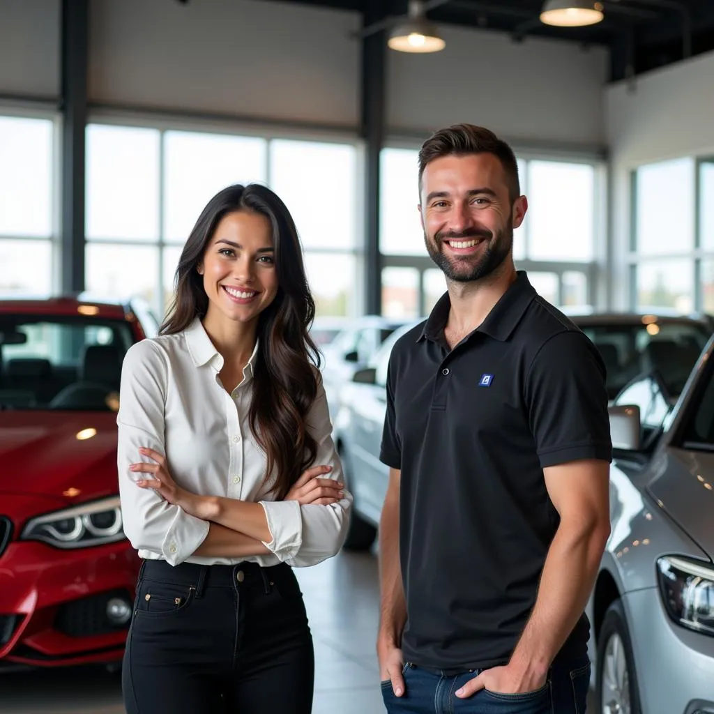 Équipe souriante dans un garage de voitures d'occasion