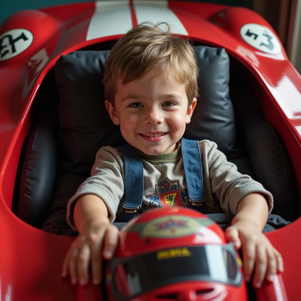 Un jeune garçon allongé dans un lit voiture de course, souriant avec un casque de pilote à la main.