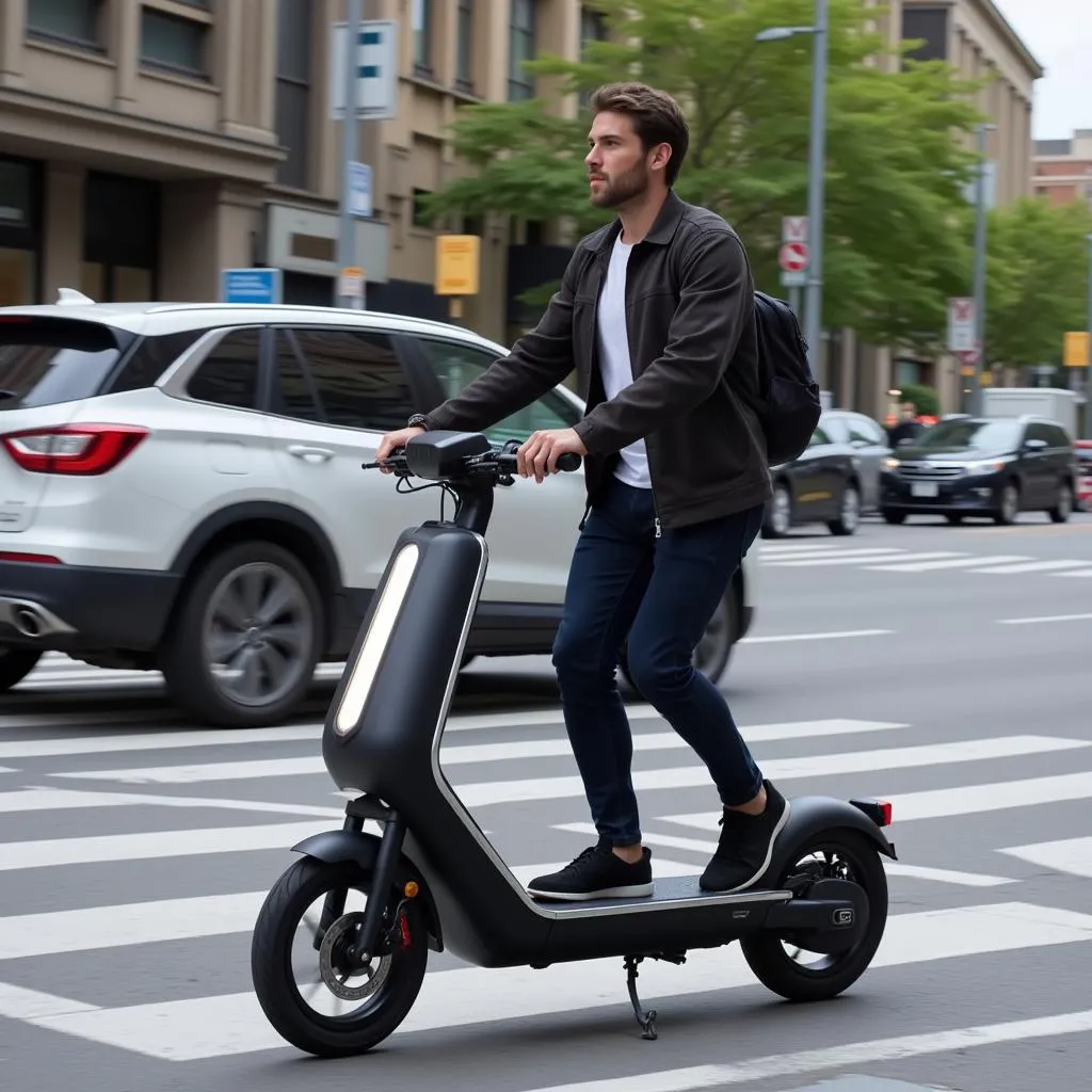 Homme conduisant un scooter électrique en ville