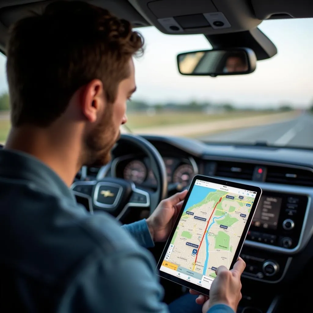 Un homme consulte une carte routière sur une tablette dans une voiture, utilisant un routeur de voyage pour la navigation GPS.