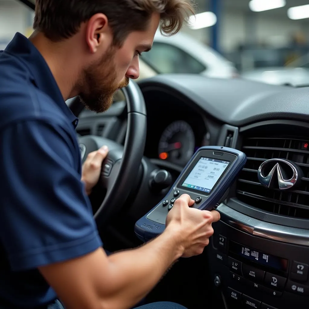 Mécanicien effectuant un diagnostic électronique sur une Infiniti