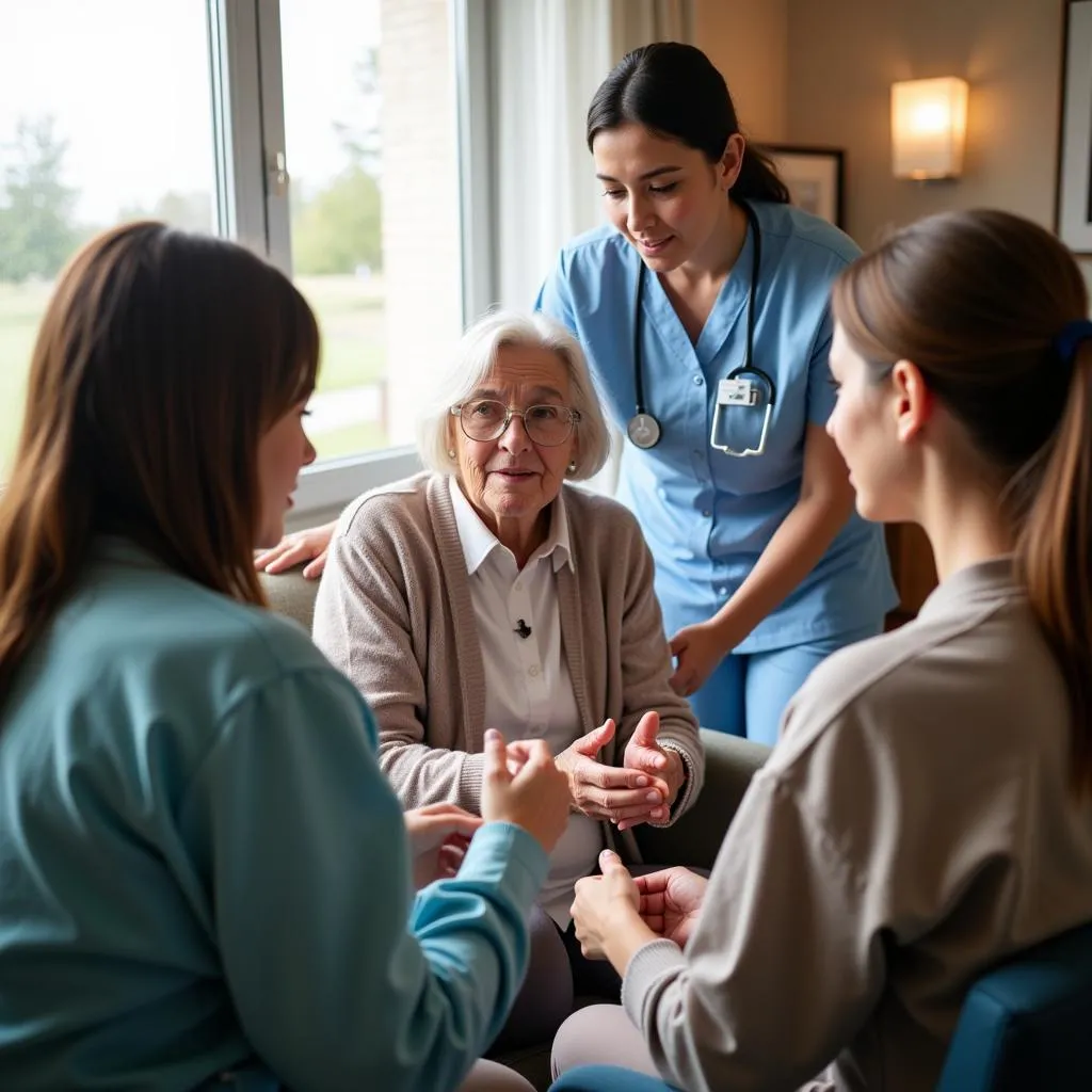 Infirmière discutant avec un patient âgé et sa famille