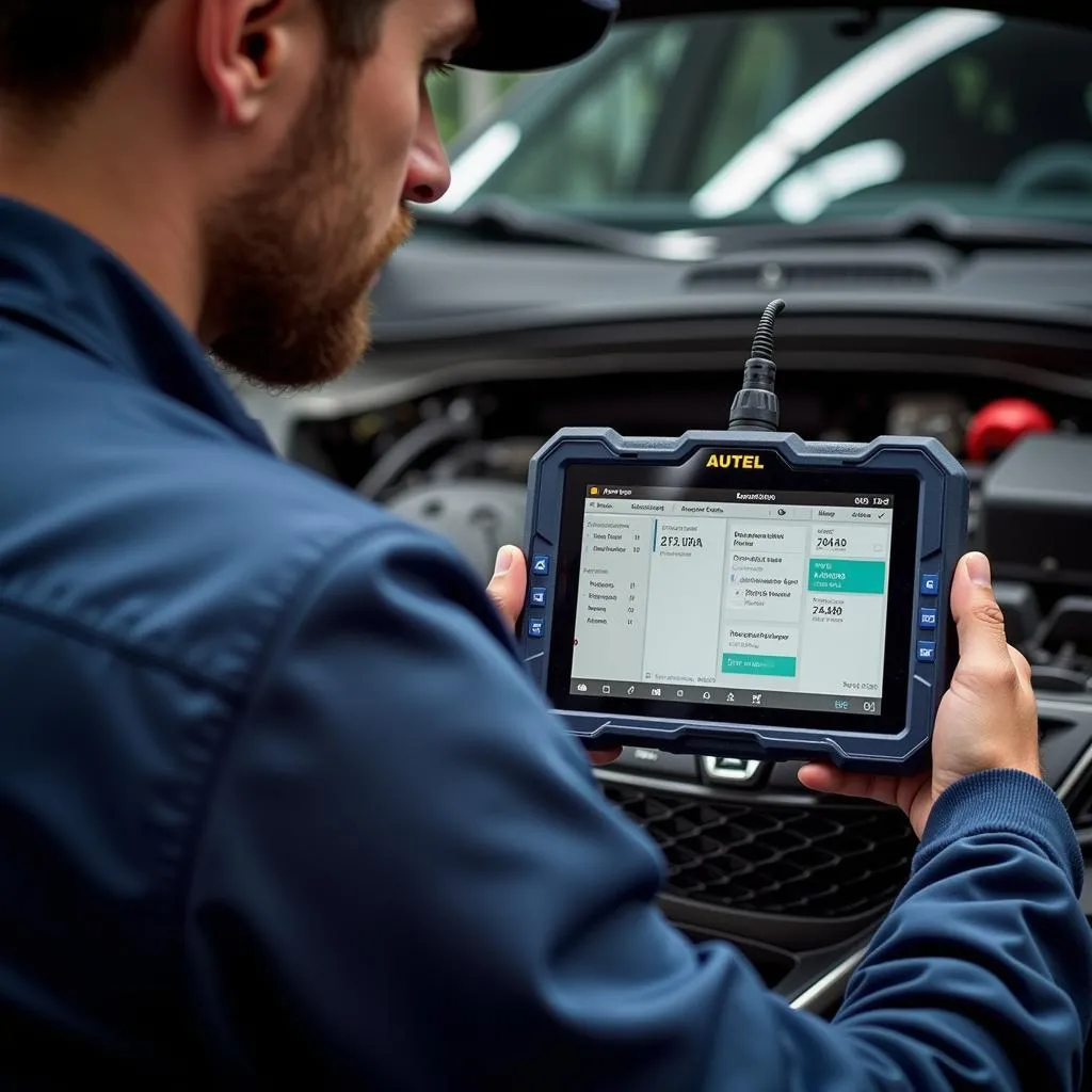 Mécanicien utilisant un outil Autel pour diagnostiquer une voiture