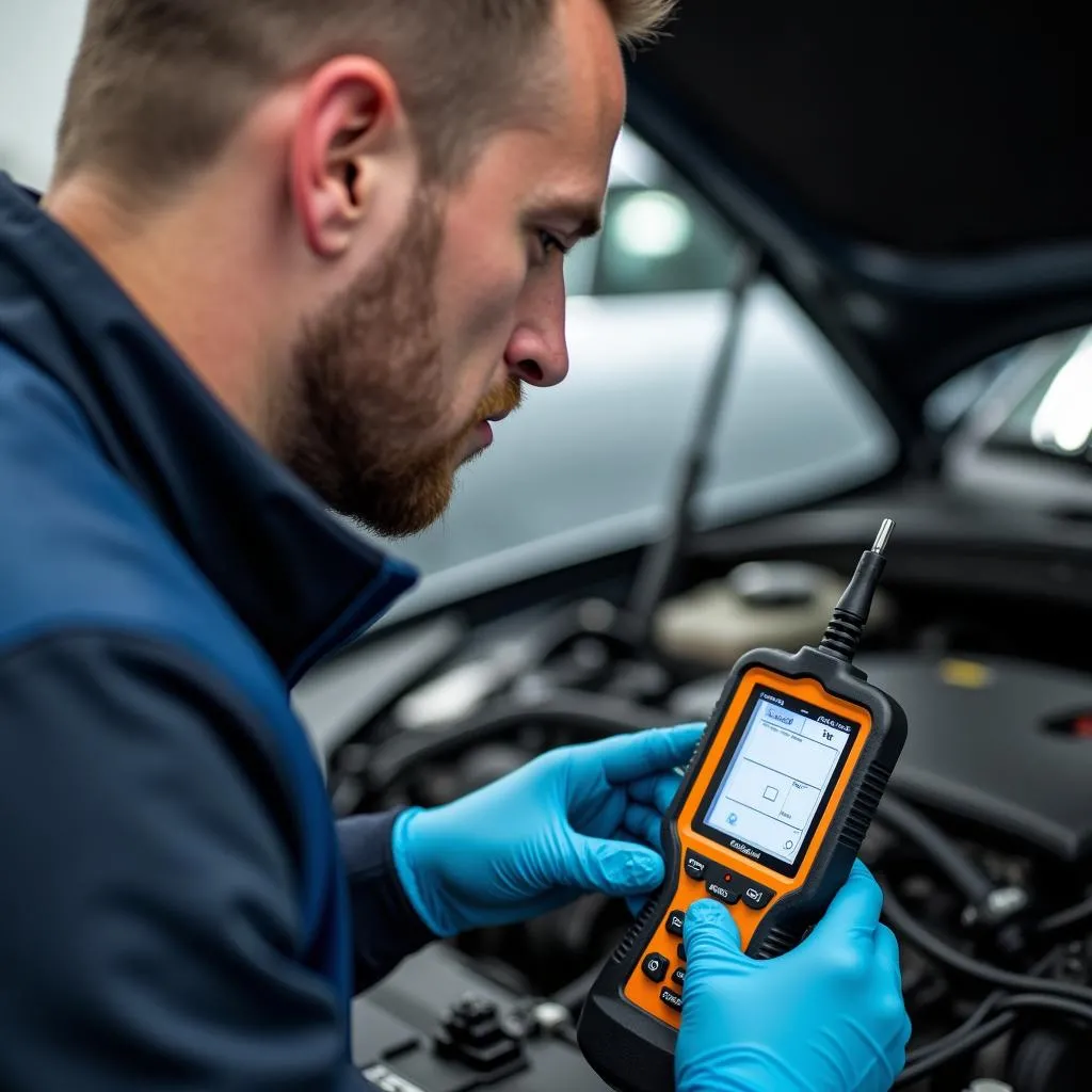 Mécanicien automobile vérifiant le système électrique d'une voiture allemande