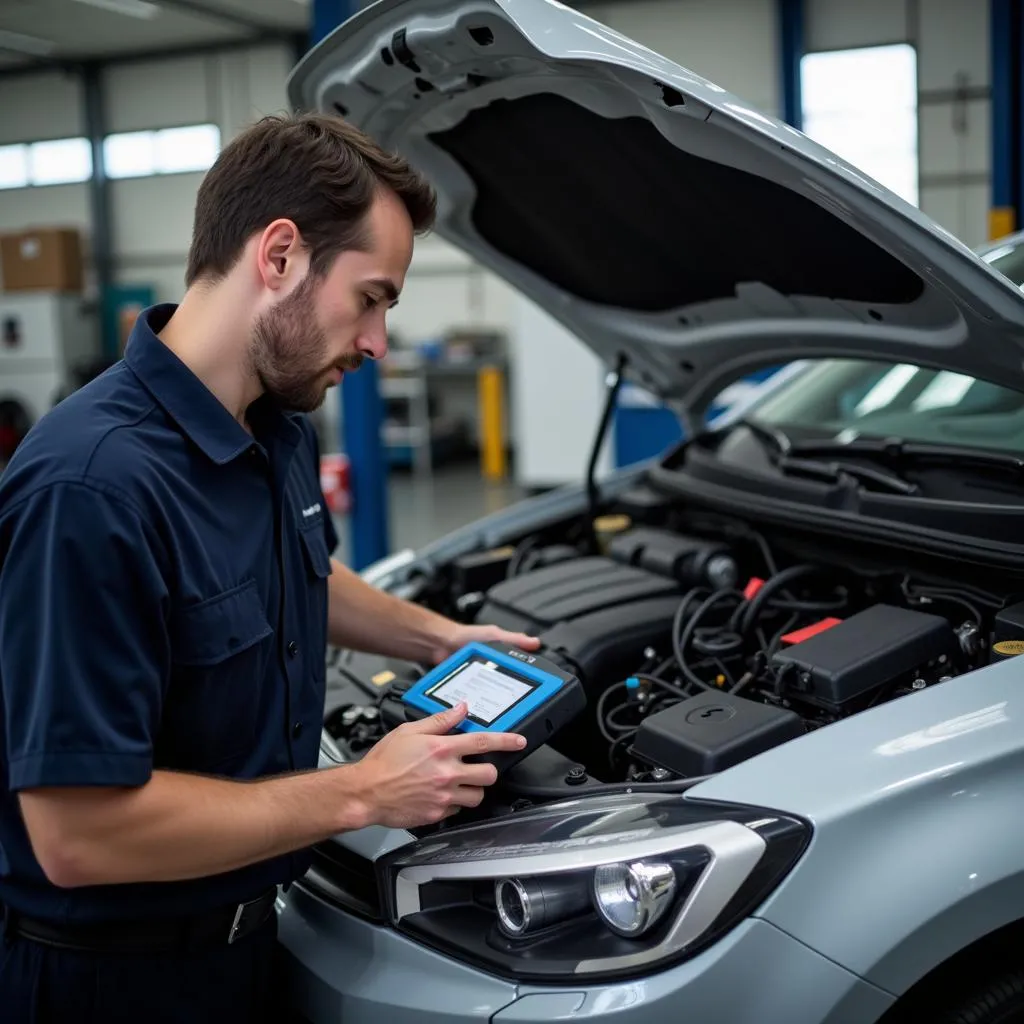 Mécanicien effectuant un diagnostic sur une voiture