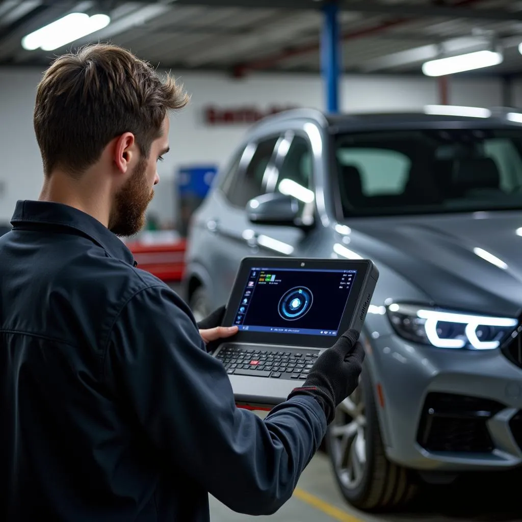 Mécanicien Diagnostiquant Voiture avec Scanner OBD