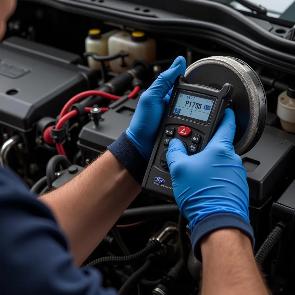 Mécanicien diagnostiquant le code P1705 sur une Ford