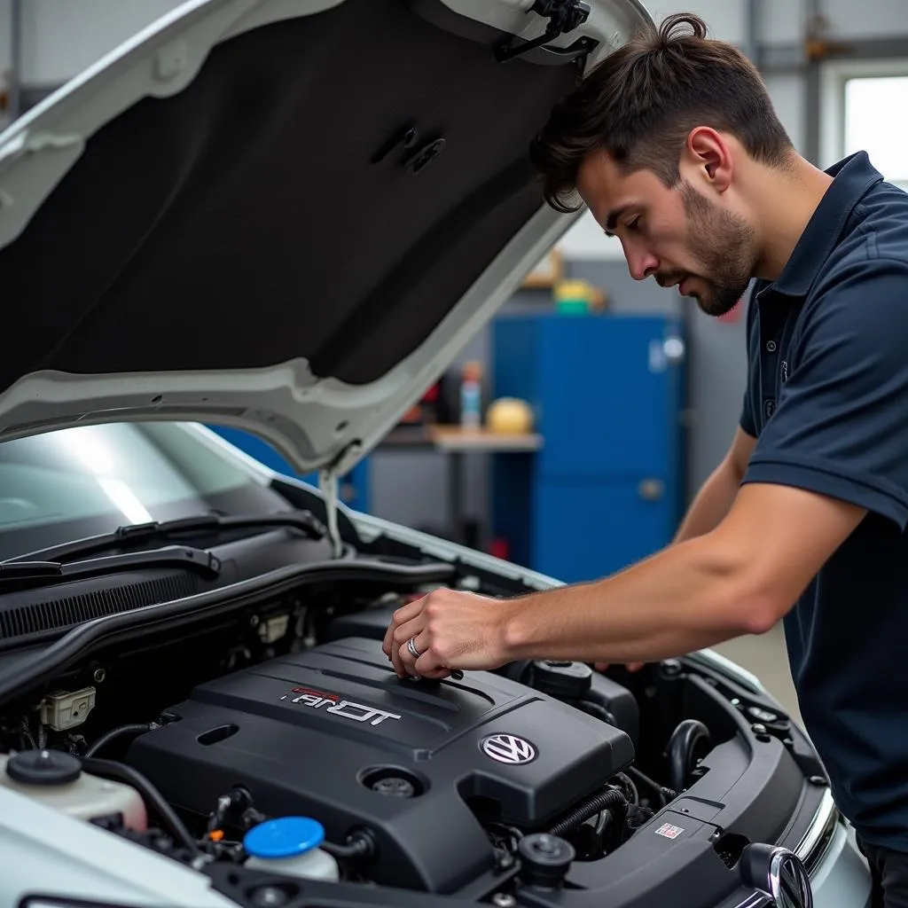 Mécanicien examinant le moteur d'une VW Polo