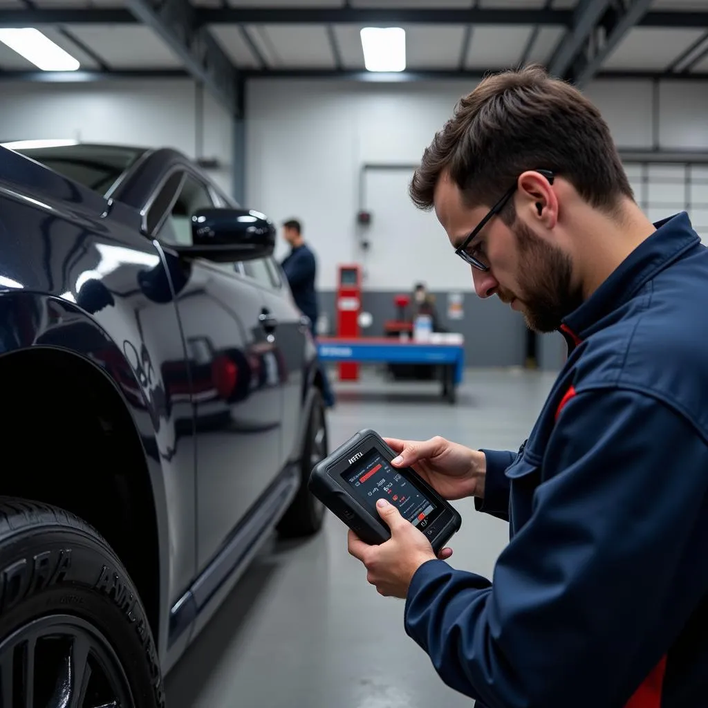 Mécanicien utilisant un outil Autel dans un garage