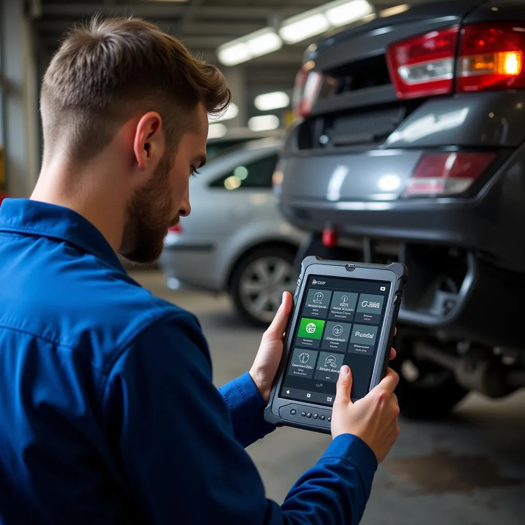 Mécanicien en garage utilisant une tablette de diagnostic Autel