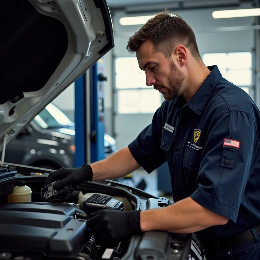 Mécanicien inspectant le moteur d'un Dodge Durango