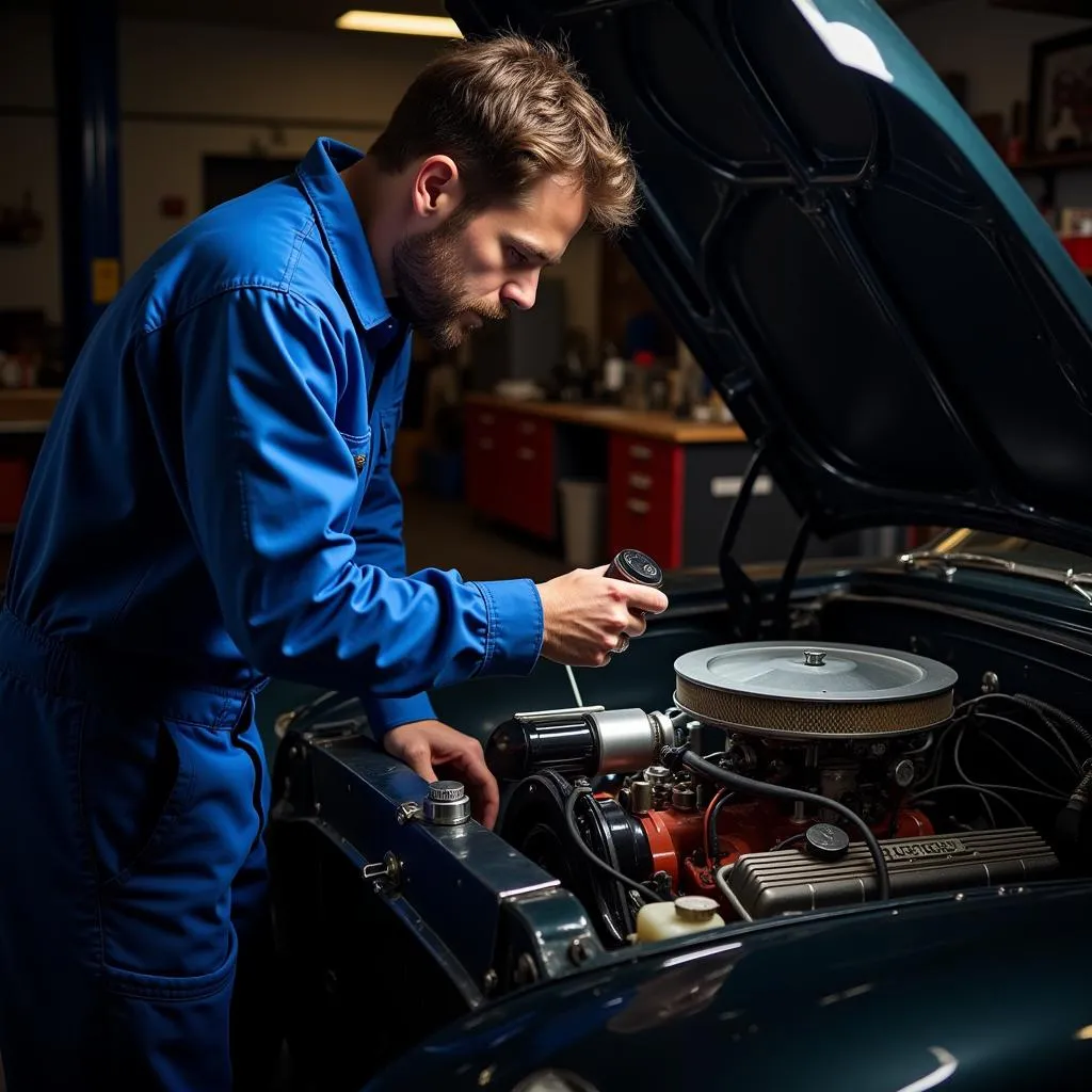 Un mécanicien en combinaison bleue inspecte le moteur d'une voiture ancienne dans un garage