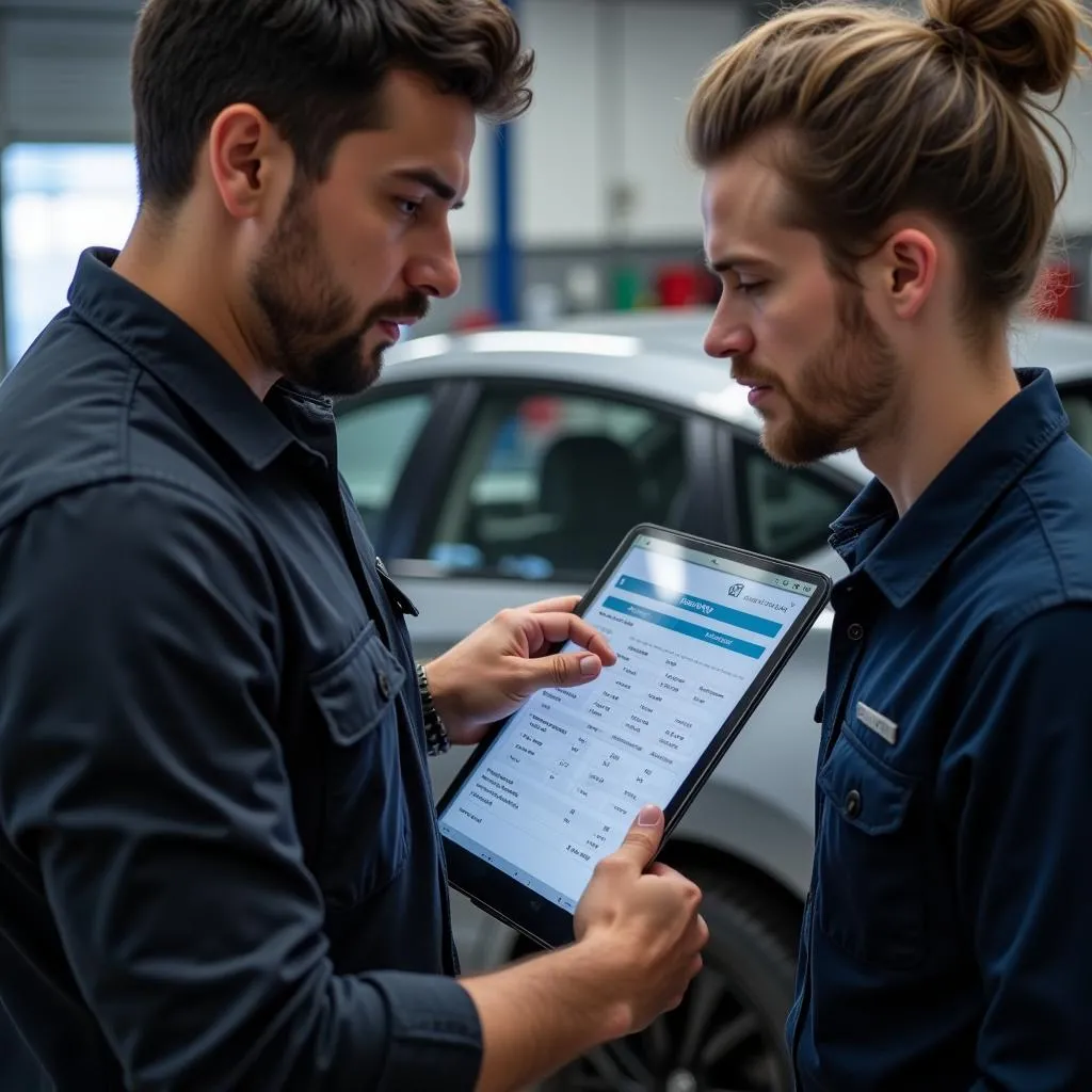 Mécanicien montre une tablette à un client pour expliquer un devis