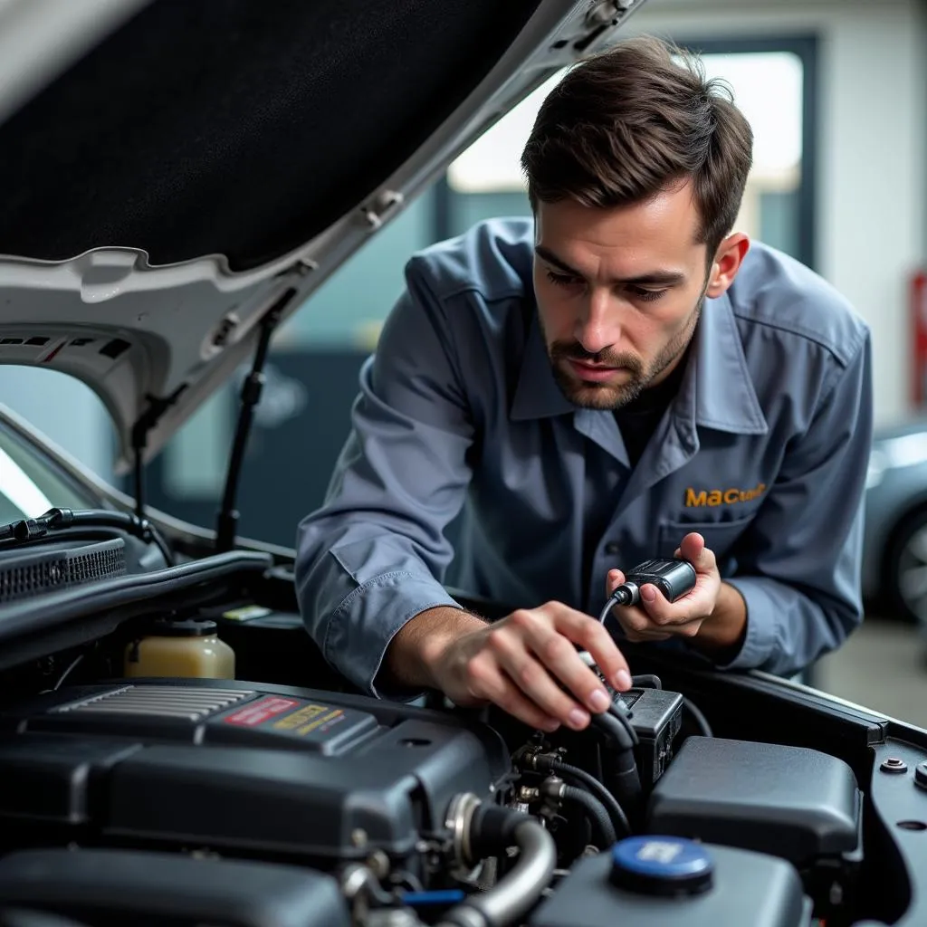 Un mécanicien qualifié examinant une voiture avec des outils de diagnostic