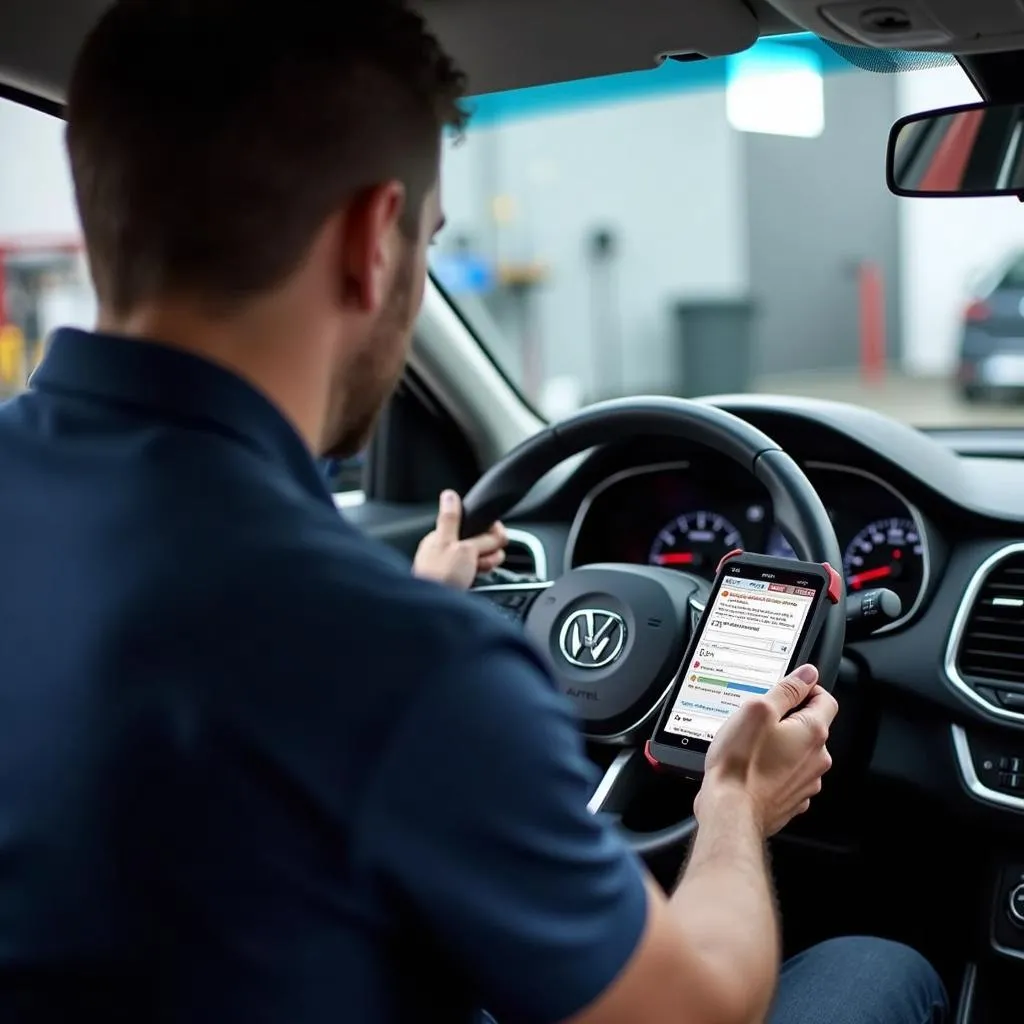 Mécanicien utilisant Autel Monolithe Rond pour diagnostiquer une voiture française