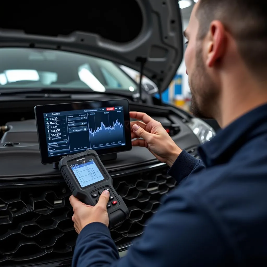 Mécanicien utilisant un lecteur OBD2 dans un atelier