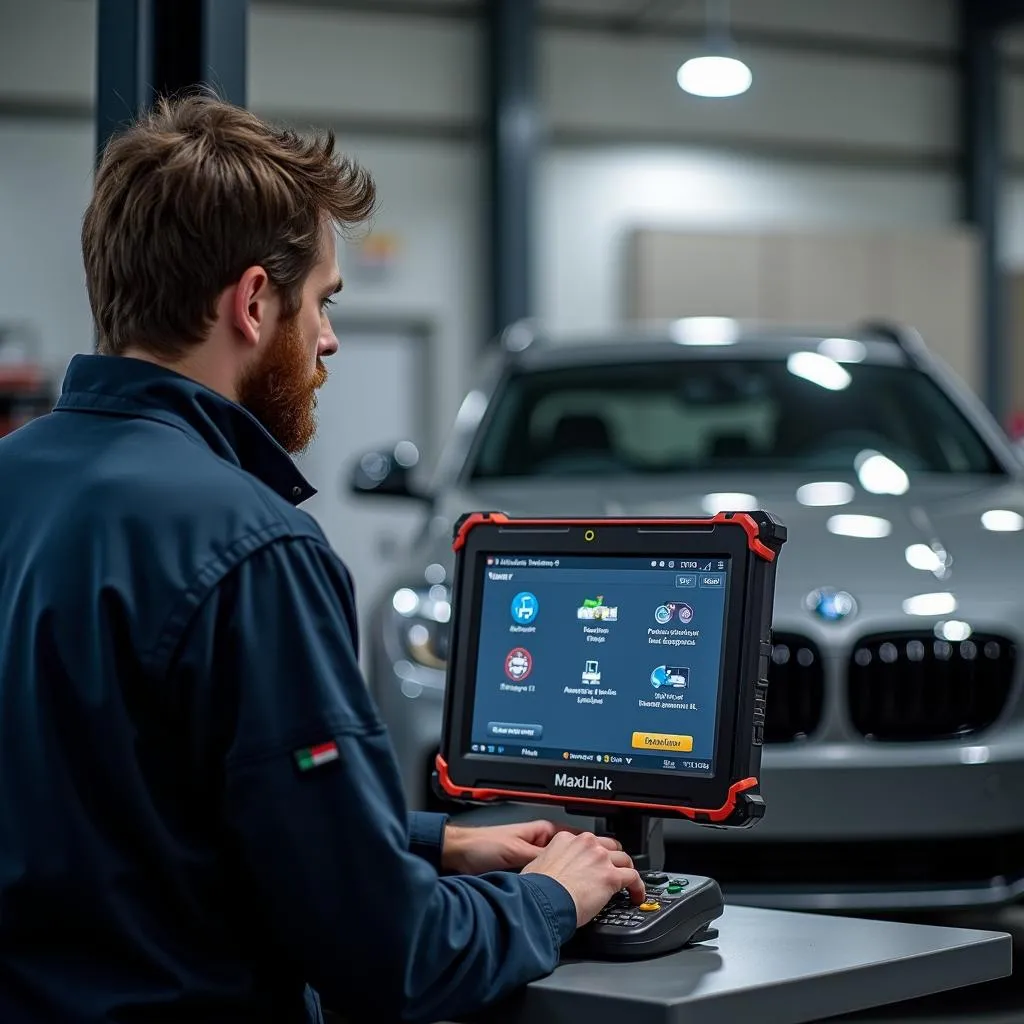 Mécanicien utilisant Maxilink 2 pour diagnostiquer une voiture