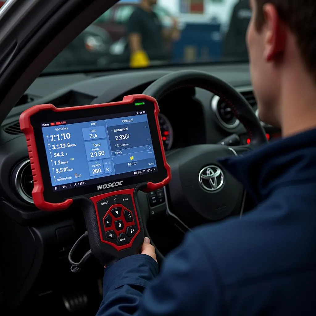 Un mécanicien utilise un outil de diagnostic Autel pour analyser les données d'une Corolla.