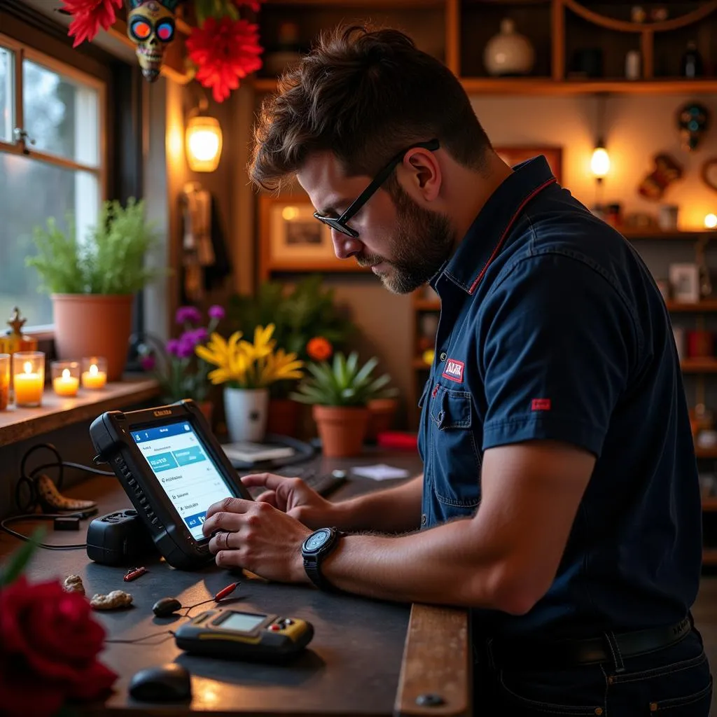 Mécanicien Utilisant un Outil de Diagnostic Autel dans un Garage Décoré pour le Dia de Muertos