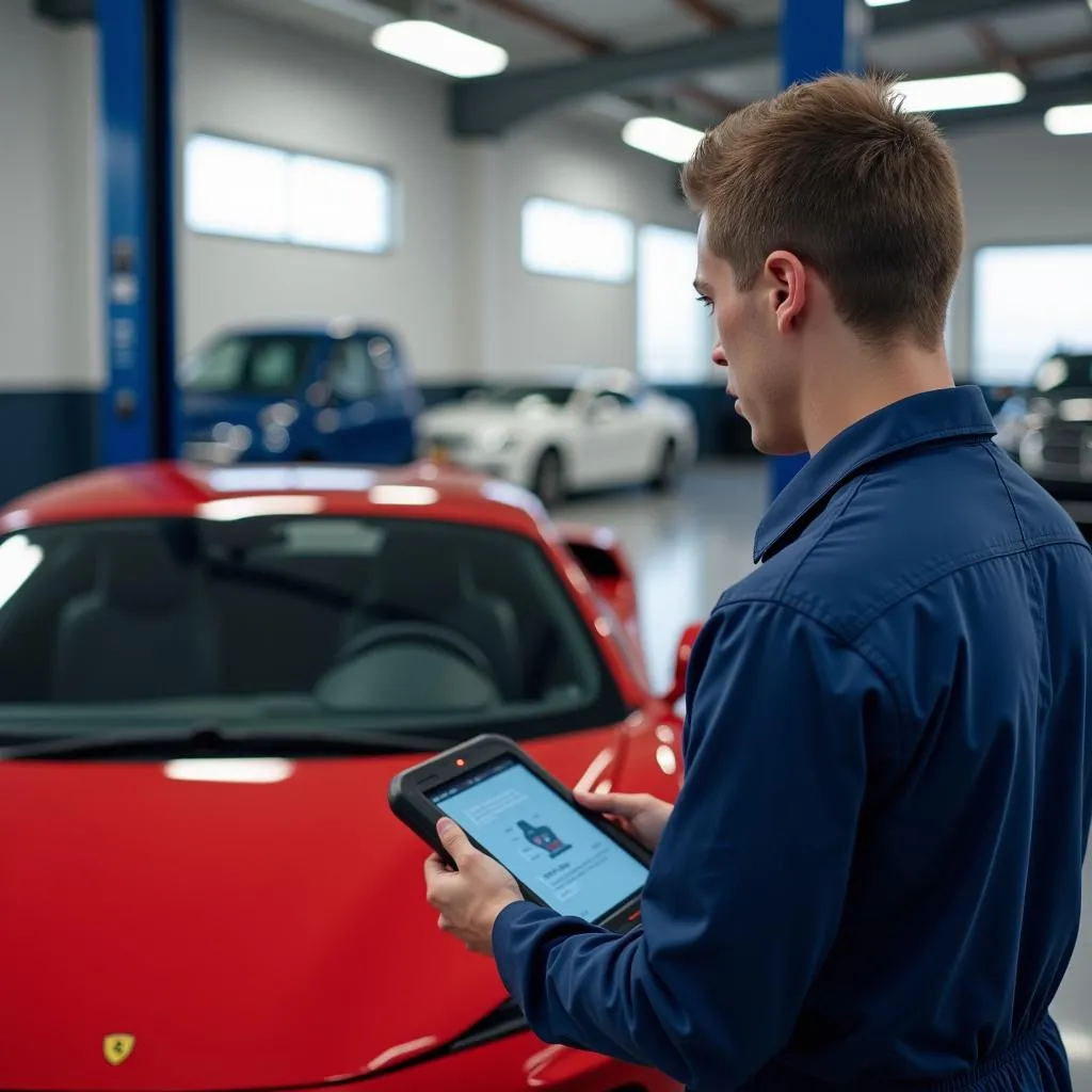 Mécanicien utilisant un outil de diagnostic dans un garage