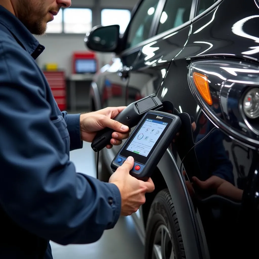 Mécanicien utilisant un outil de diagnostic OBD sur une Kia