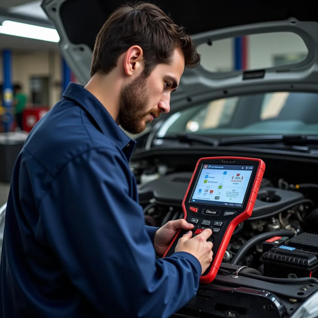 Mécanicien utilisant un outil de diagnostic Autel dans un garage