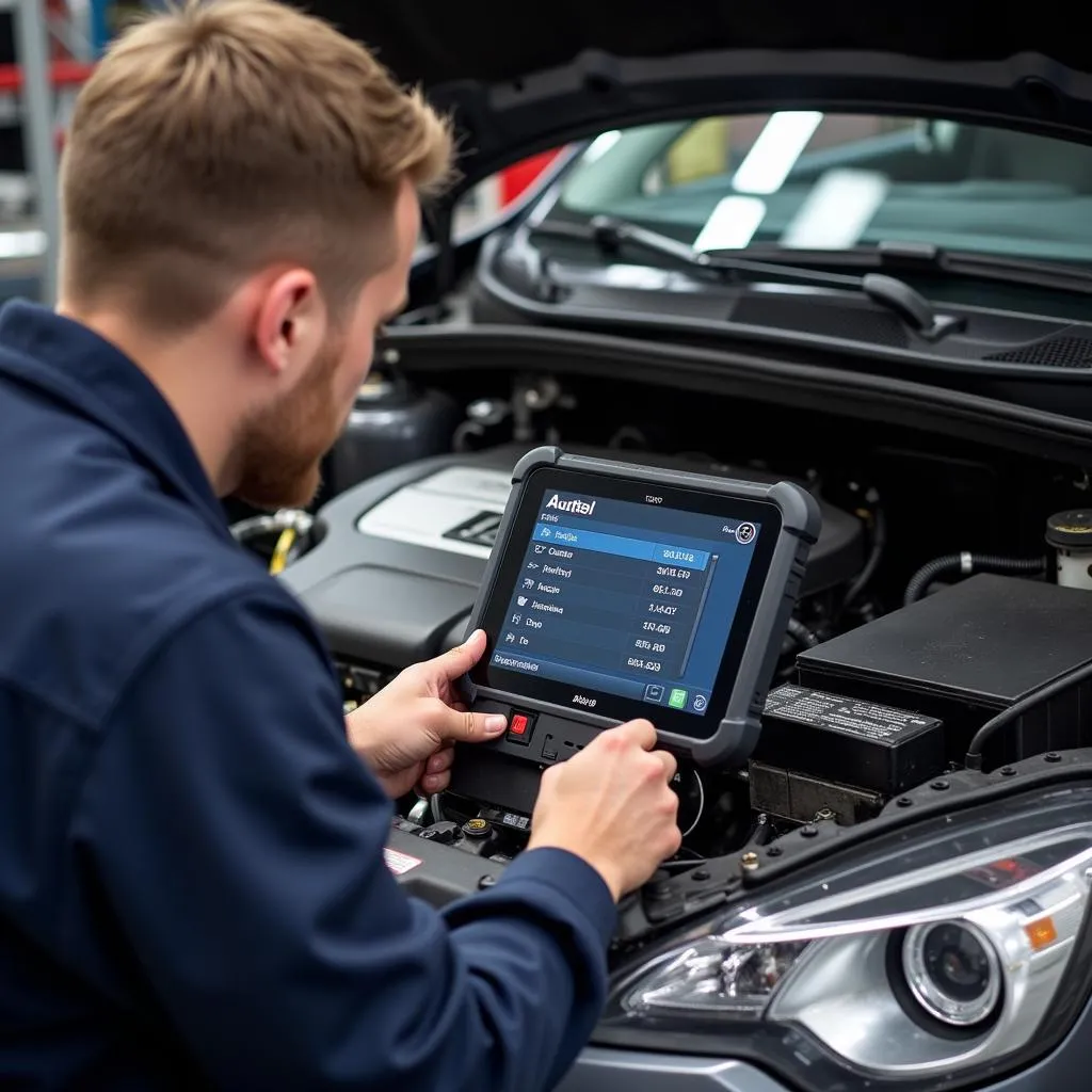 Mécanicien utilisant une tablette Autel pour diagnostiquer un problème de voiture