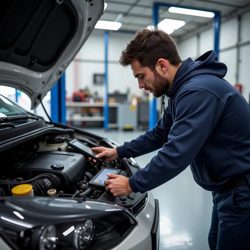 Mécanicien utilisant une tablette de diagnostic Autel sur une voiture