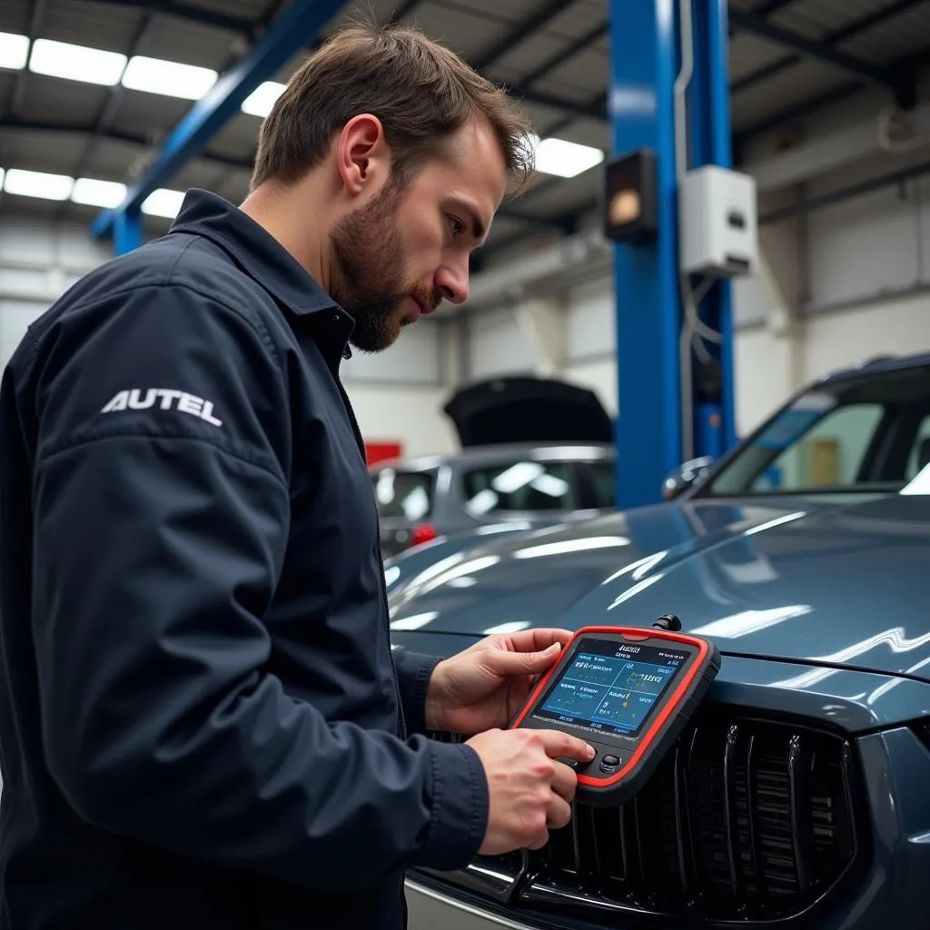 Mécanicien Utilisant Valise Diagnostic Autel sur Voiture Européenne