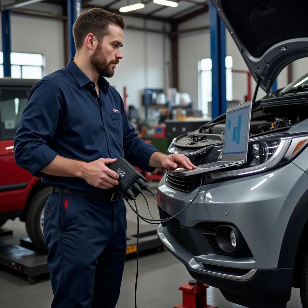 Mécanicien utilisant VCDS pour diagnostiquer une voiture