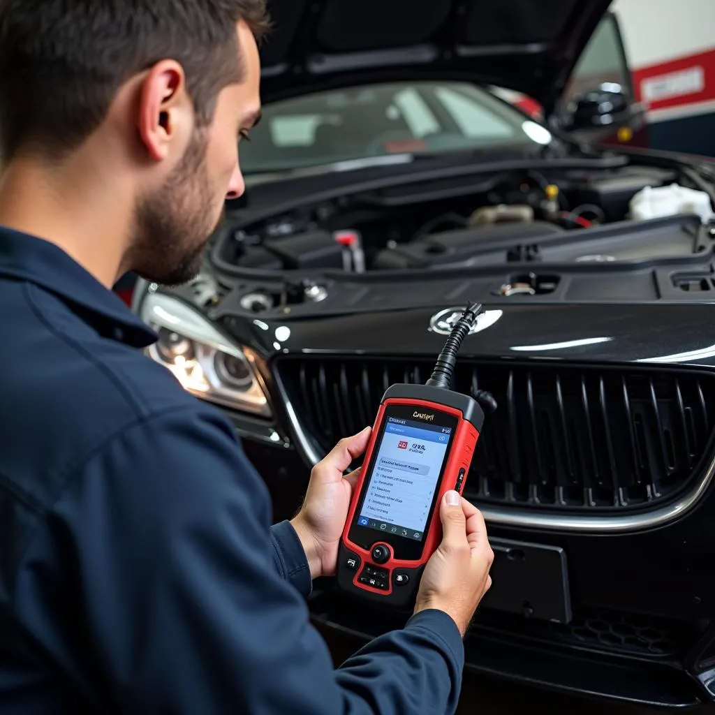 Mécanicien utilisant l'Autel MaxiScan MS509 dans un garage