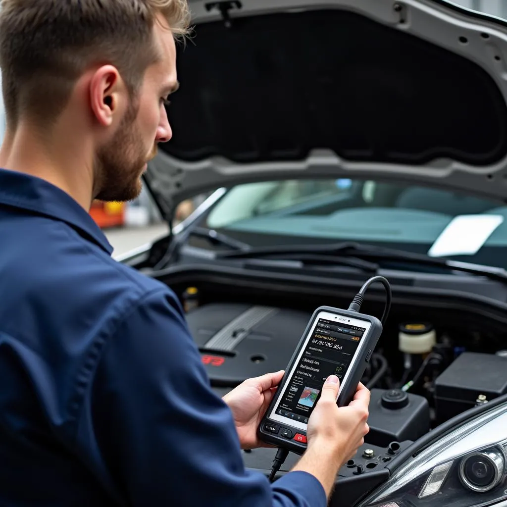 Mécanicien utilisant une valise de diagnostic Autel