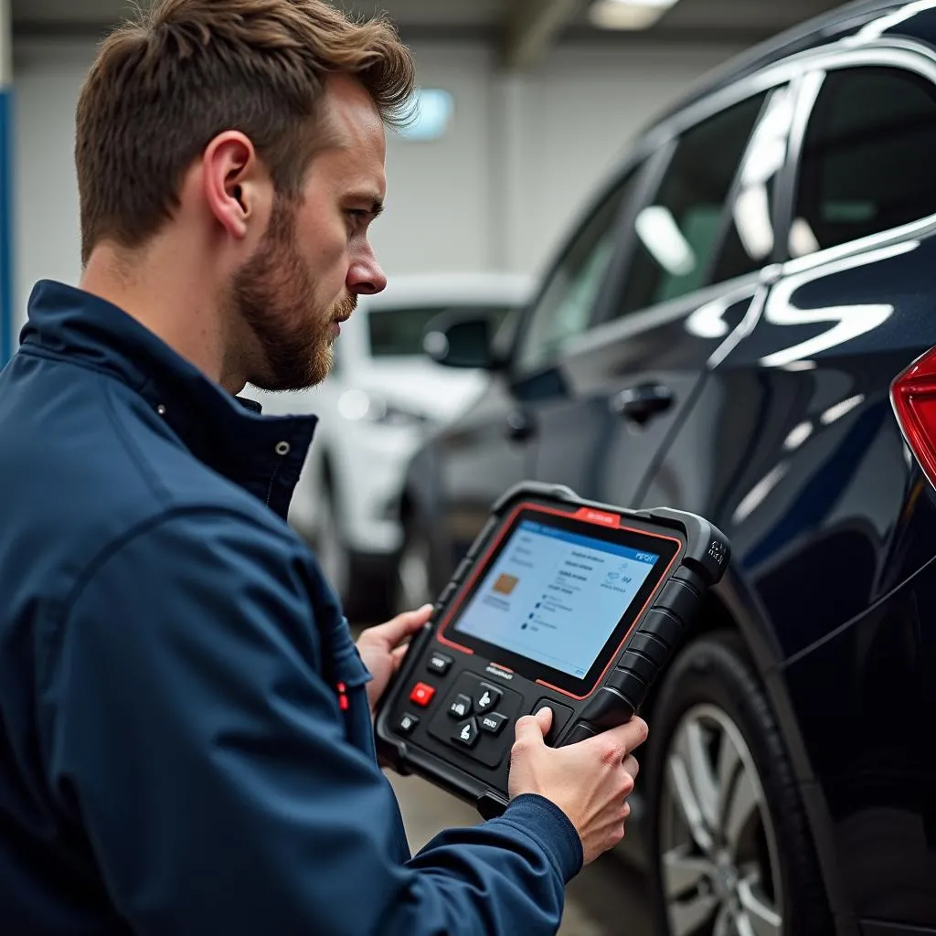 Mécanicien utilisant une valise de diagnostic Autel dans un garage à Paizay-le-Chaptal